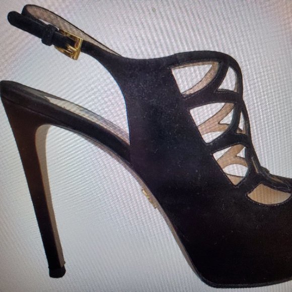 Prada Black Suede Peep-Toe Platform Heels | Ankle Strap Sandals - Picture 4 of 8